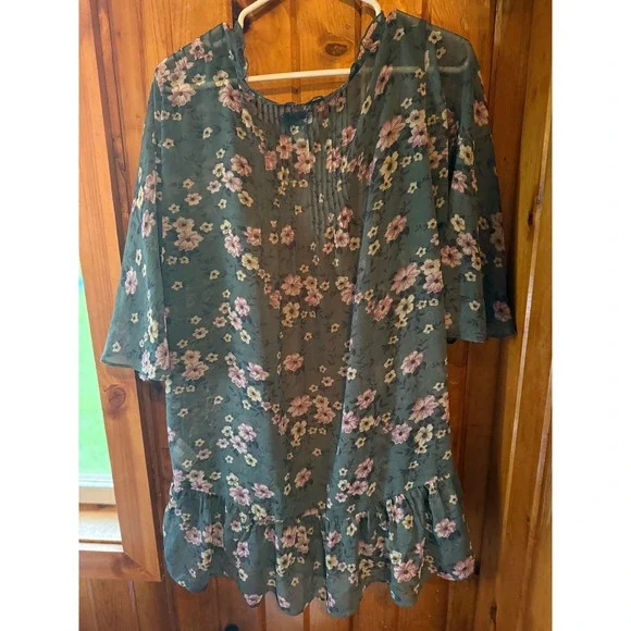 American Eagle Outfitters Kimono Green Floral Ruffle Trim cover Size L/XL - Picture 2 of 4
